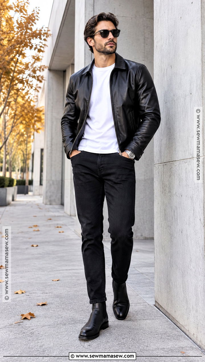 Leather Jacket Fall Outfit With T Shirt And Black Jeans - 15 Fall Looks for Men