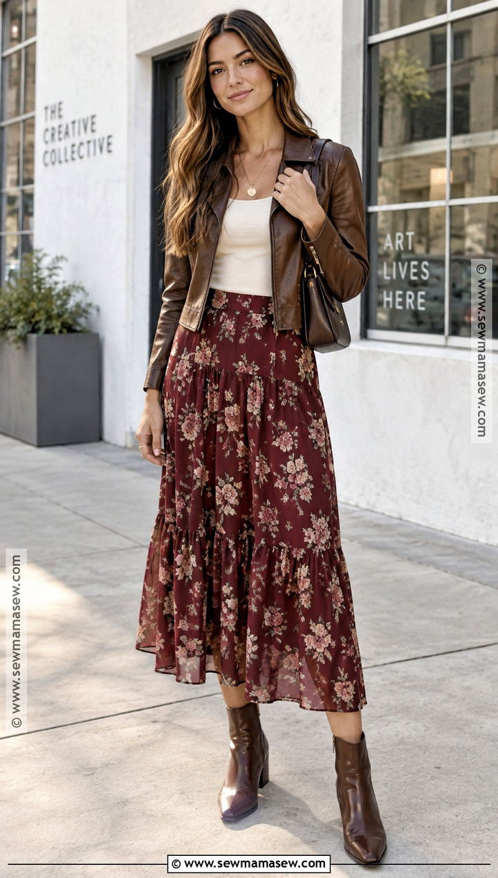Leather Jacket Fall Outfit With a Floral Skirt - 20 southern fall outfits