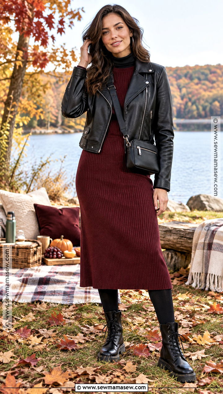 Leather Jacket Fall Picnic Outfit With A Knit Dress - 20 picnic outfit fall ideas