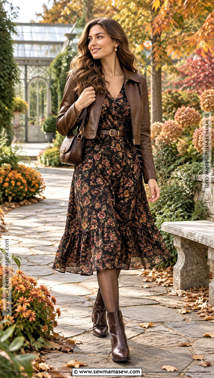 Leather Jacket Floral Dress and Ankle Boots - 15 daytime date outfit fall ideas