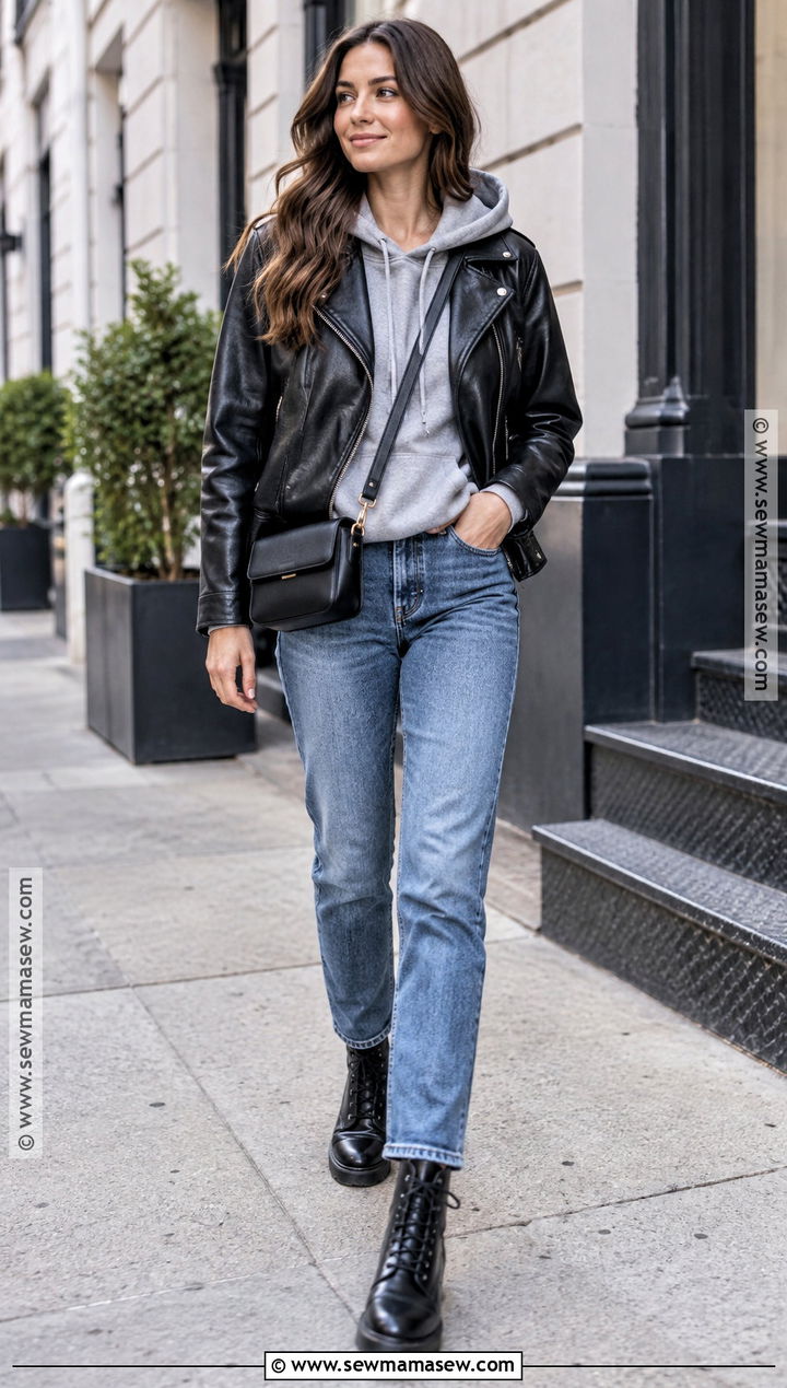 Leather Jacket Hoodie and Straight Leg Jeans - 15 simple casual fall outfits