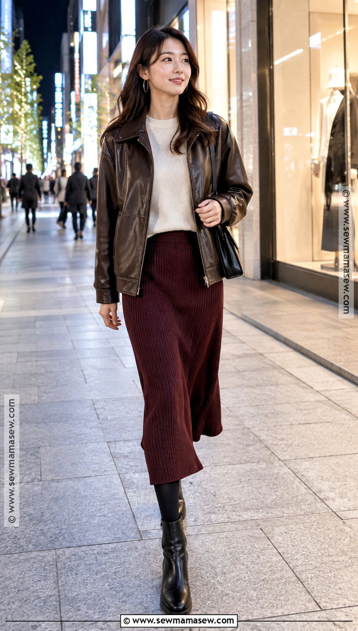 Leather Jacket Knit Skirt And Ankle Boots Japan Autumn Outfit - 20 japan travel outfit autumn ideas