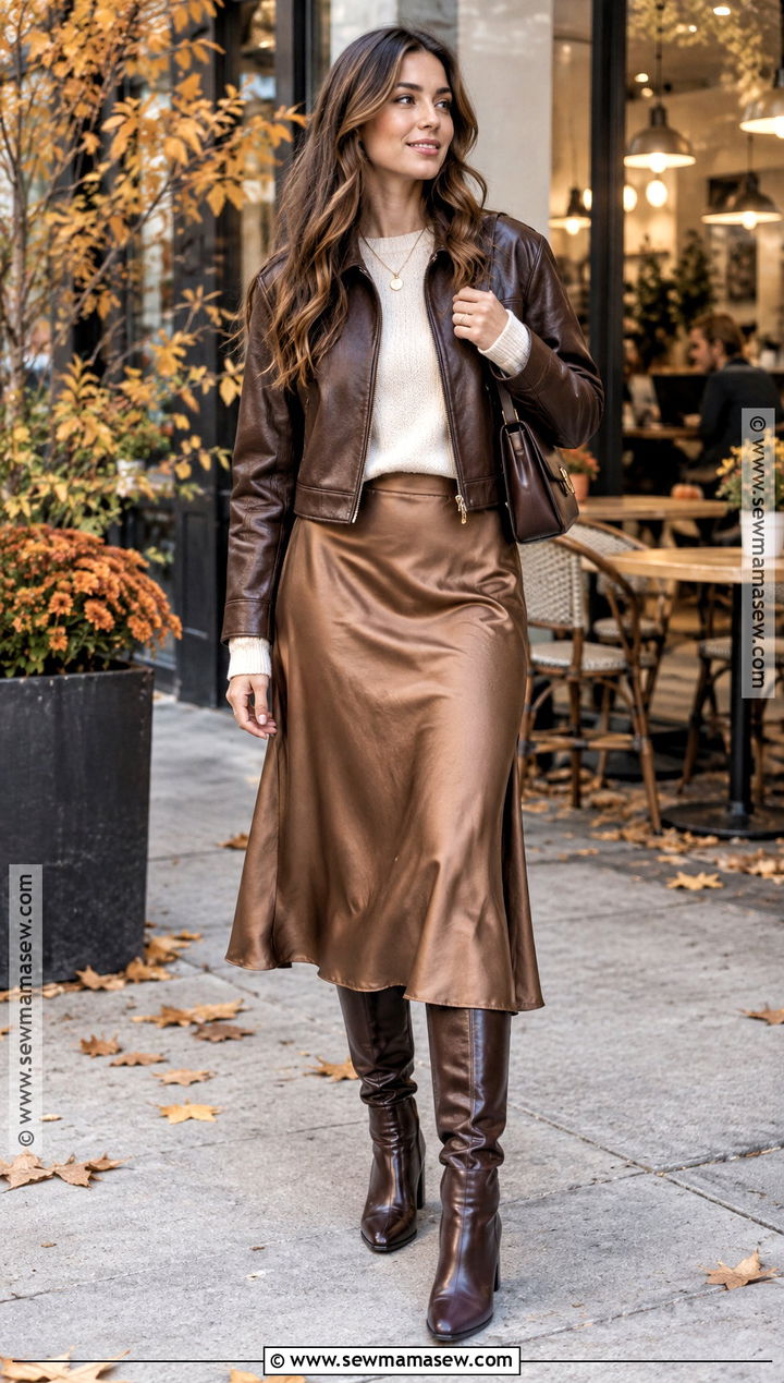 Leather Jacket Knit Sweater and Midi Skirt Fall Outfit - 15 layer outfits fall
