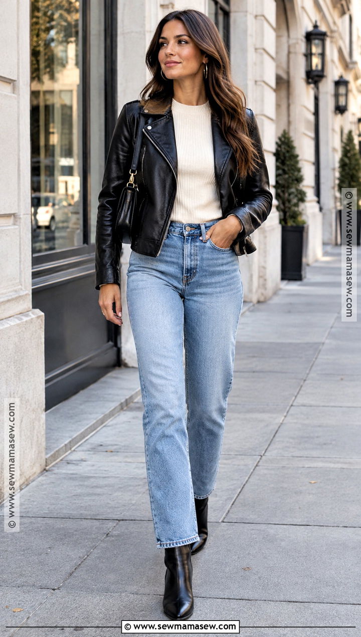 Leather Jacket Knit Top Jeans and Boots Fall Outfit - 25 simple fall outfits casual