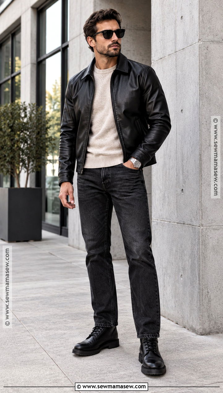 Leather Jacket Sweater And Black Jeans Outfit - 20 men fall outfits casual street style