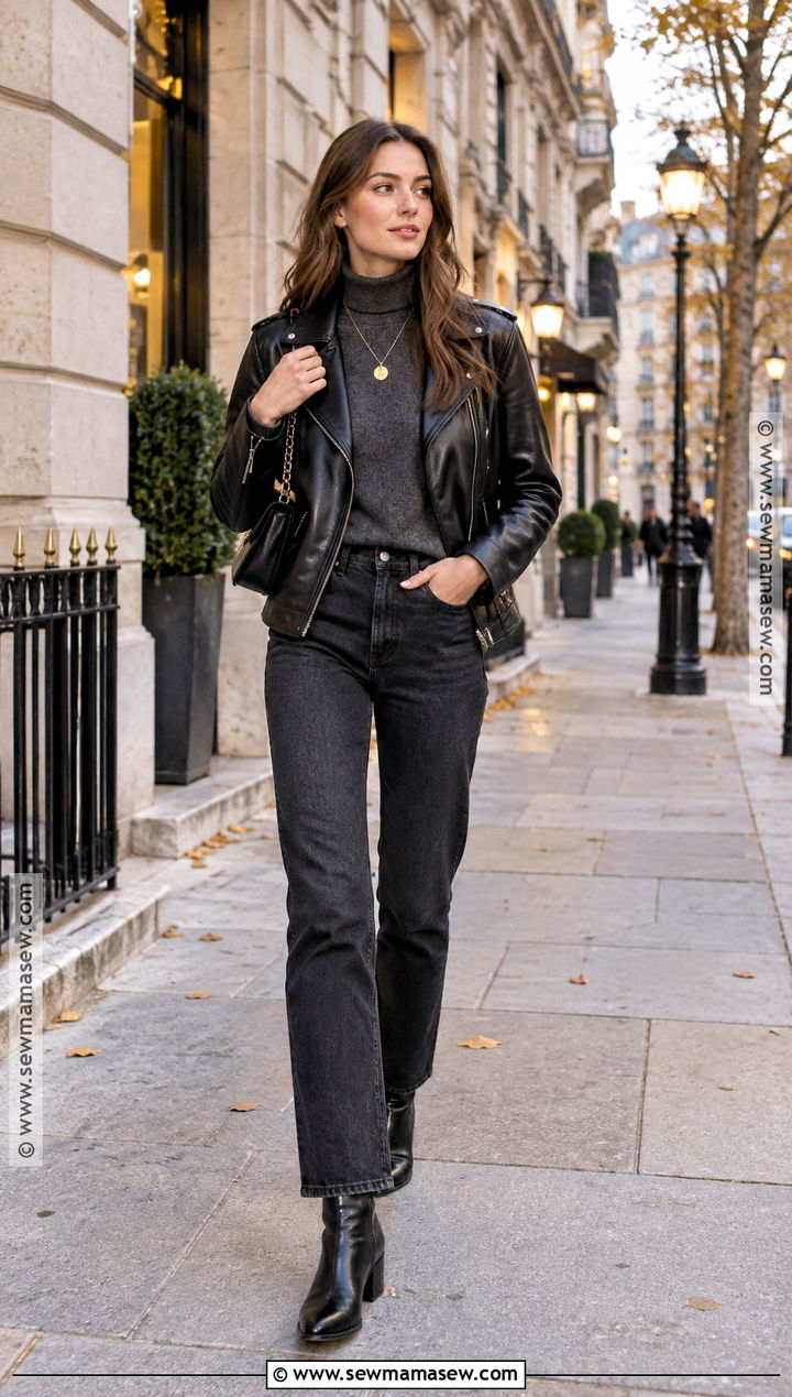Leather Jacket Turtleneck Dark Jeans And Ankle Boots - 20 Fall Travel Capsule Wardrobe Europe Ideas
