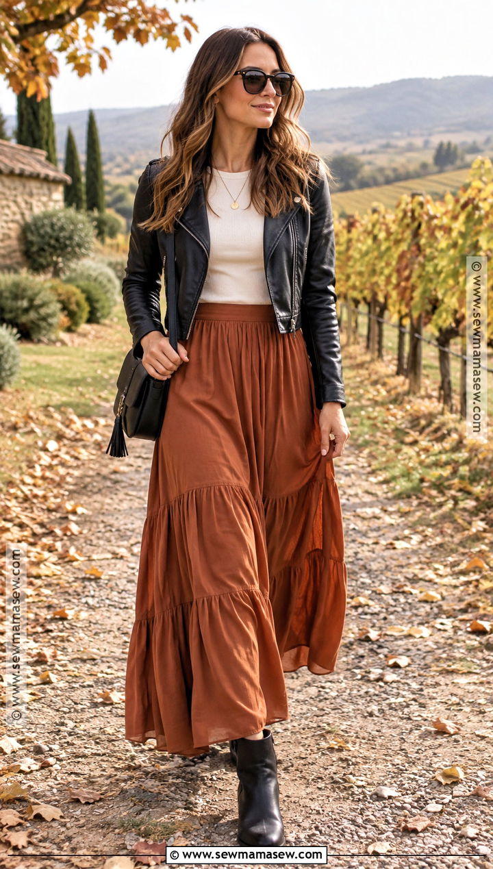 Leather Jacket Winery Outfit With Maxi Skirt - 25 fall winery outfits