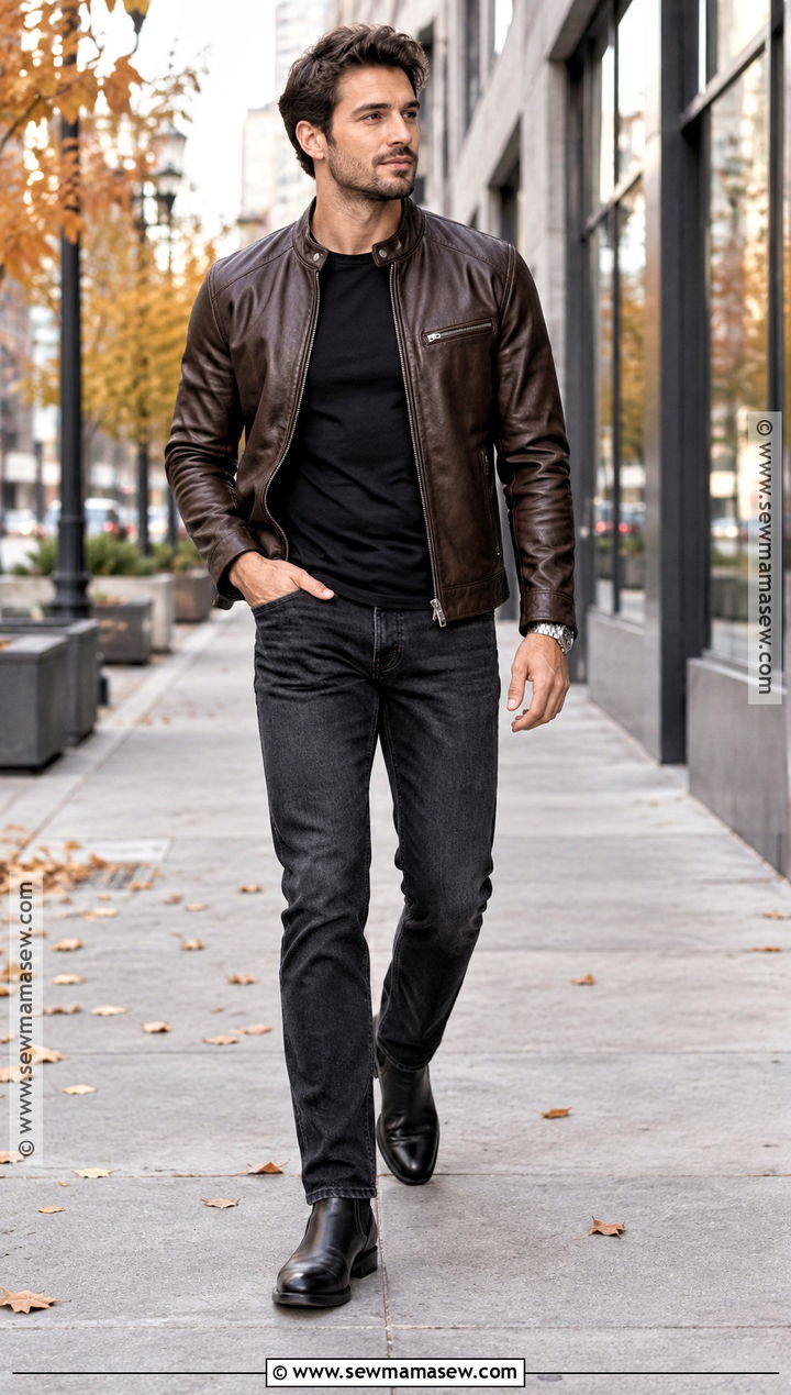 Leather Jacket With Black T Shirt and Dark Jeans - 15 fall jackets outfit for men