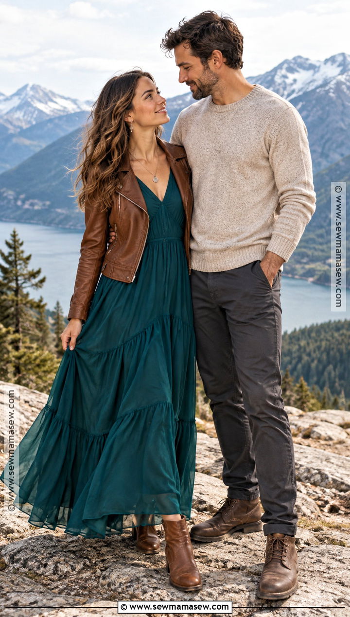 Leather Jacket With Chiffon Maxi Dress - 15 boho engagement photos outfits fall