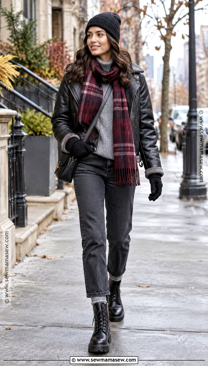 Leather Jacket With Chunky Sweater And Dark Jeans - 20 30 degree weather outfit fall ideas