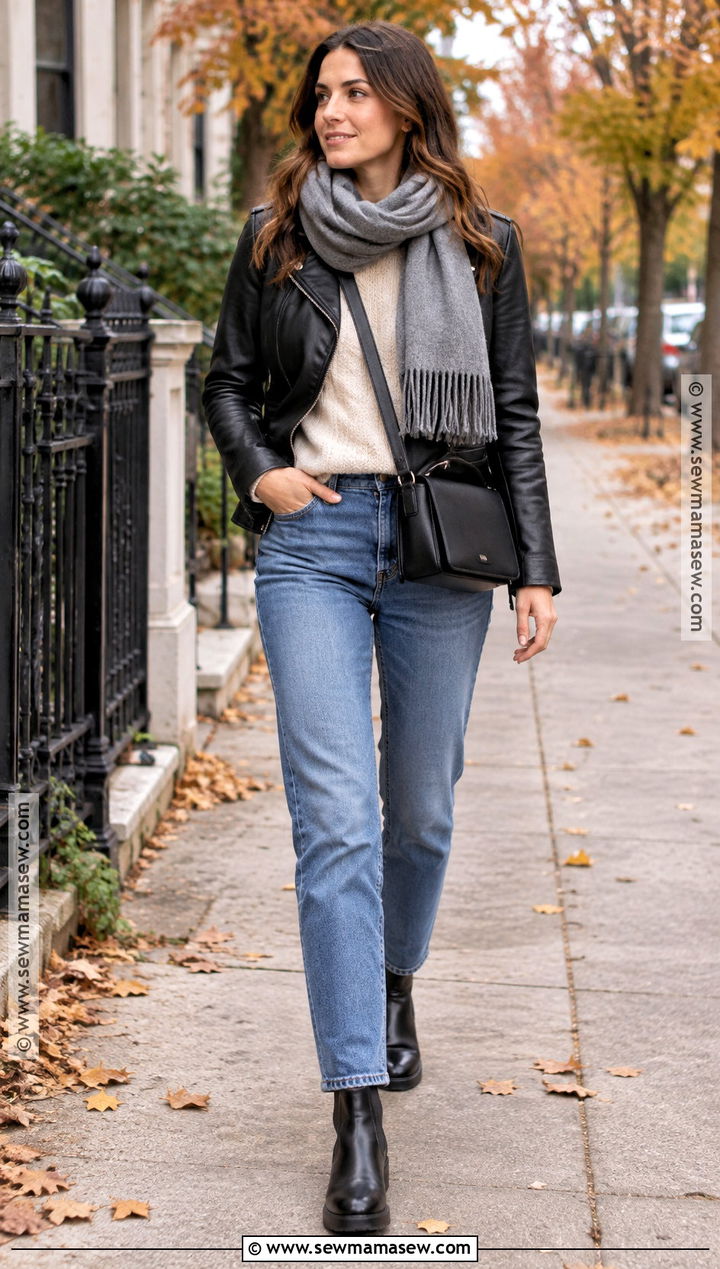 Leather Jacket With Crewneck Sweater and Jeans - 15 2026 Capsule Wardrobe Fall Ideas