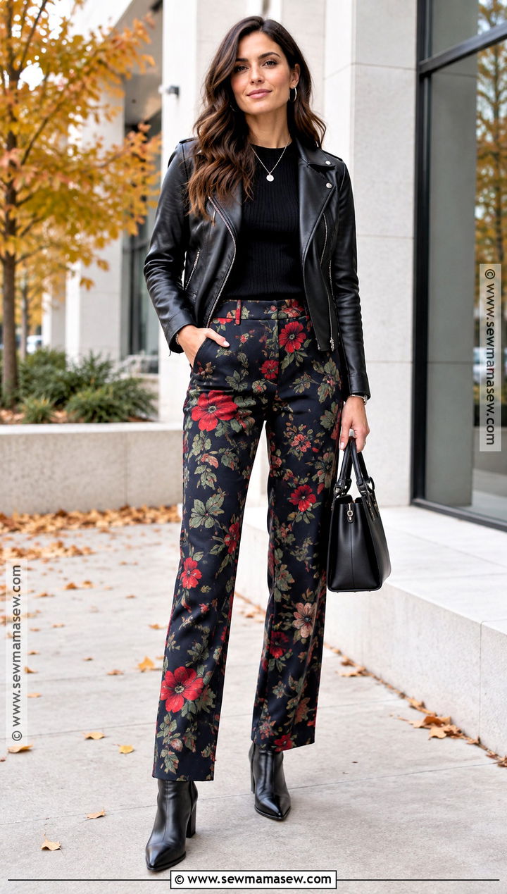 Leather Jacket With Dark Floral Pants - 15 Autumn Floral Pants