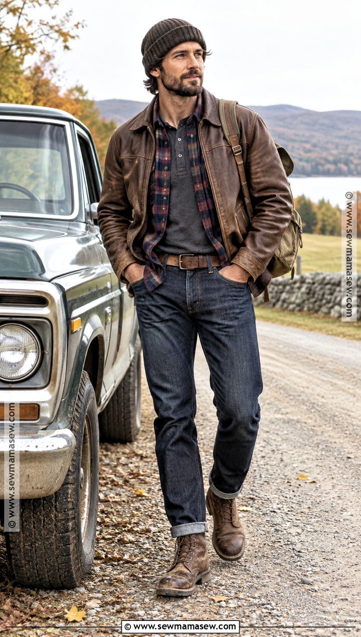 Leather Jacket With Flannel And Dark Denim - 15 country fall outfits for men