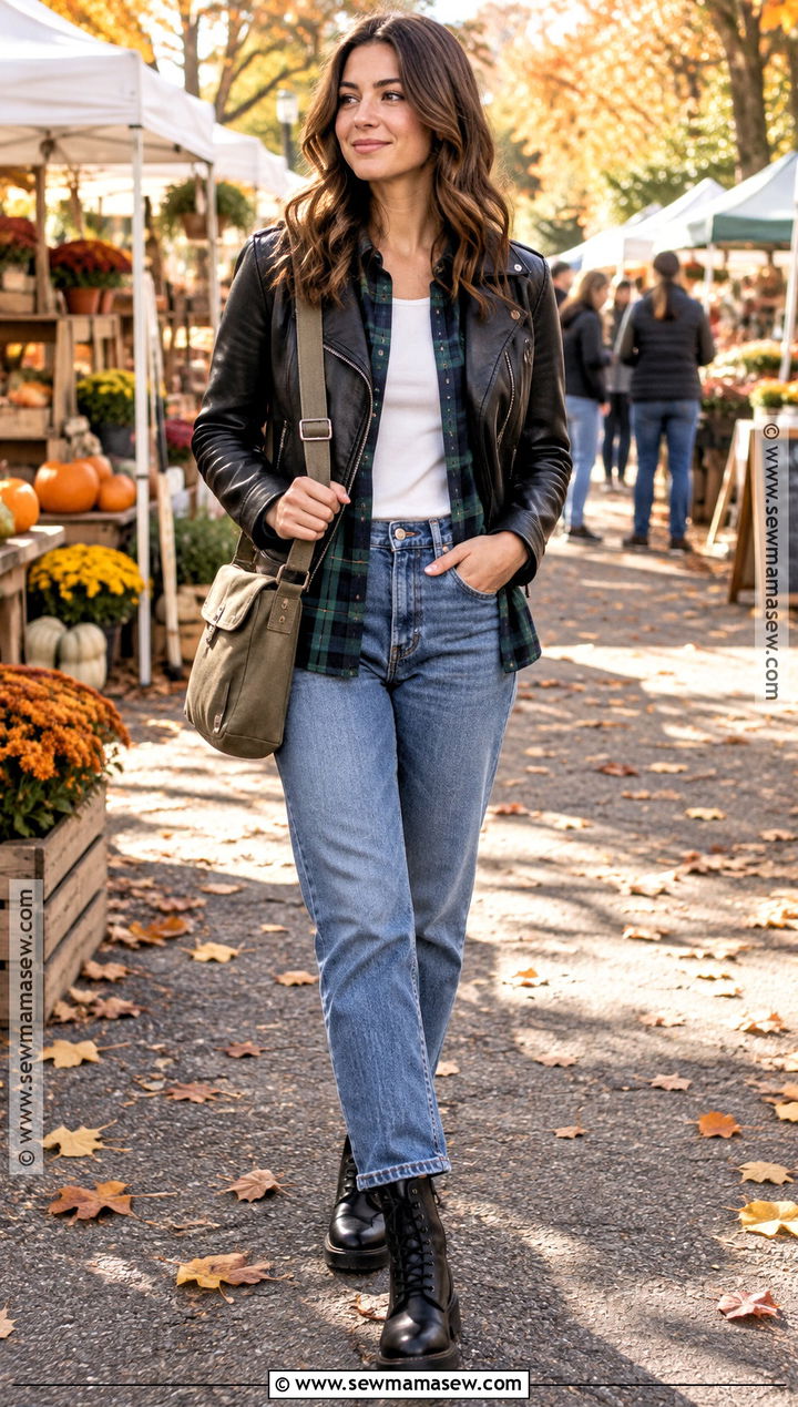 Leather Jacket With Flannel Shirt And Jeans - 25 Fall Leather Jacket Outfit Ideas