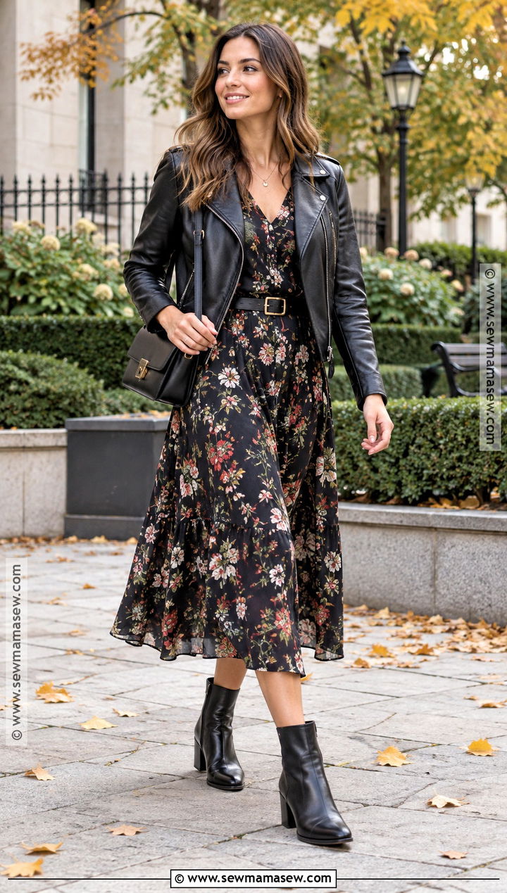 Leather Jacket With Floral Midi Dress And Boots - 15 Outfit Autumn 2026 Ideas for Women