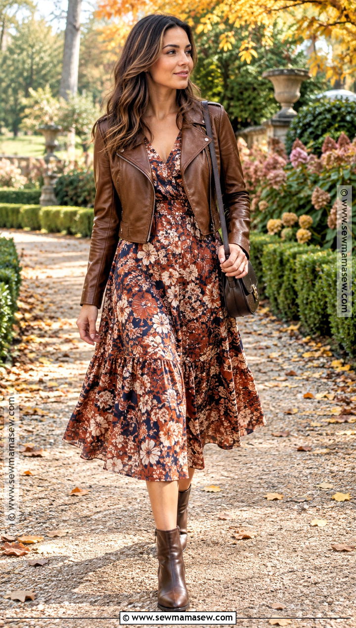 Leather Jacket With Floral Midi Dress - 20 leather fall outfit ideas