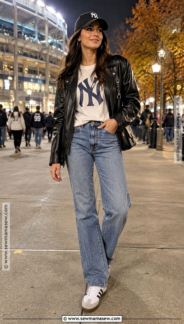 Leather Jacket With Graphic Tee And Jeans - 20 baseball game outfit fall ideas
