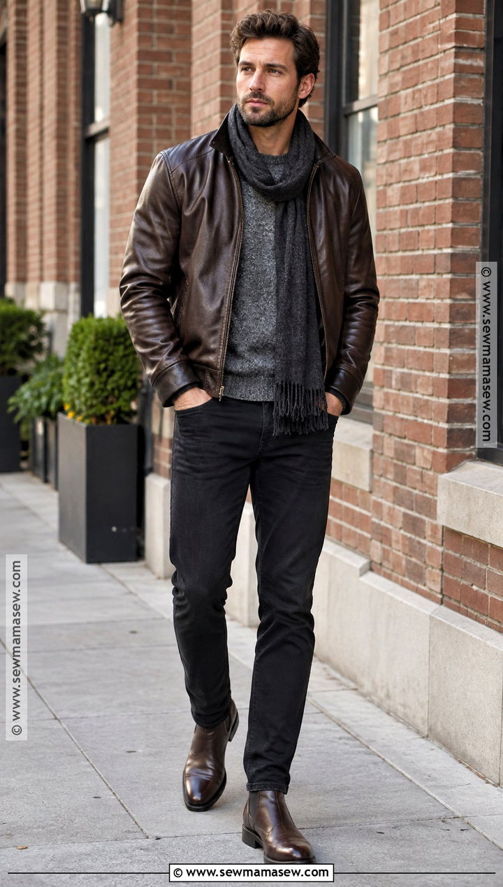 Leather Jacket With Gray Sweater and Black Jeans - 20 fall outfits for men casual