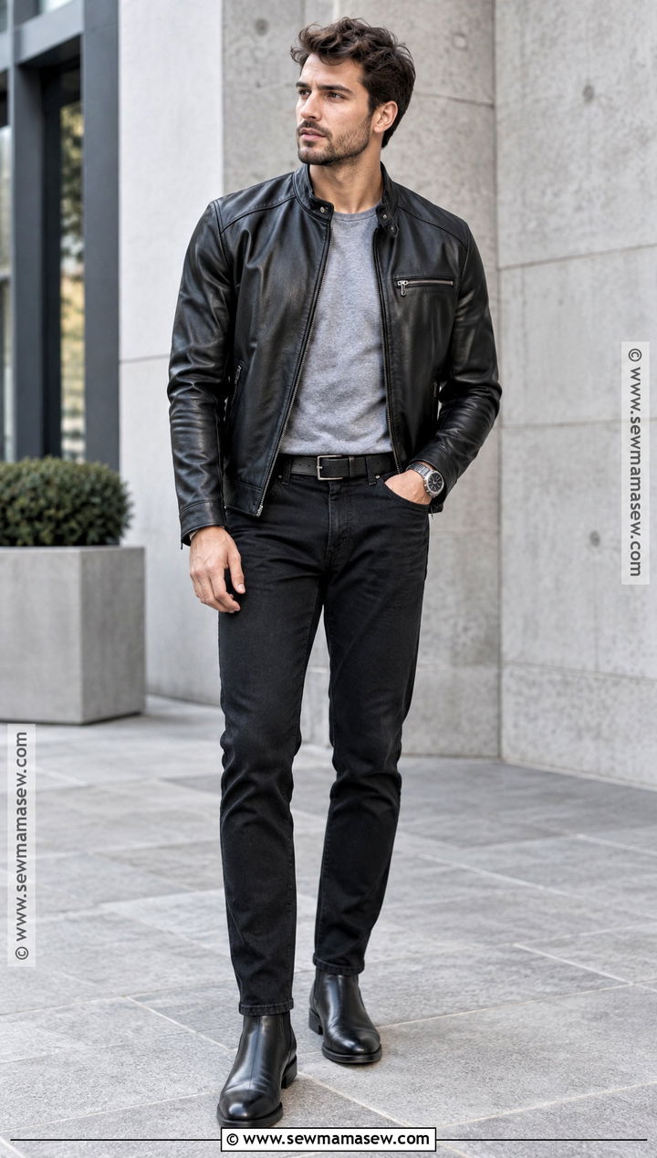 Leather Jacket With Gray T Shirt and Black Jeans - 20 Men Autumn Outfit Casual Ideas