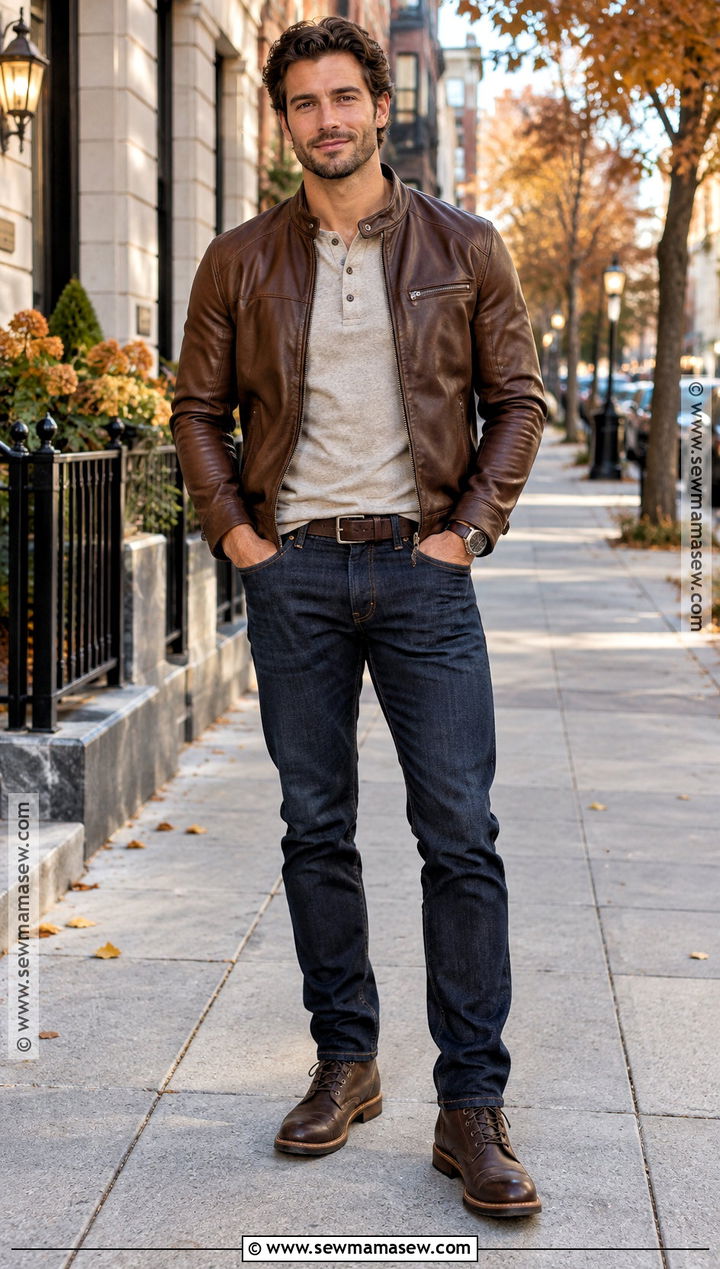 Leather Jacket With Henley And Dark Jeans - 20 Casual Outfits Men Fall