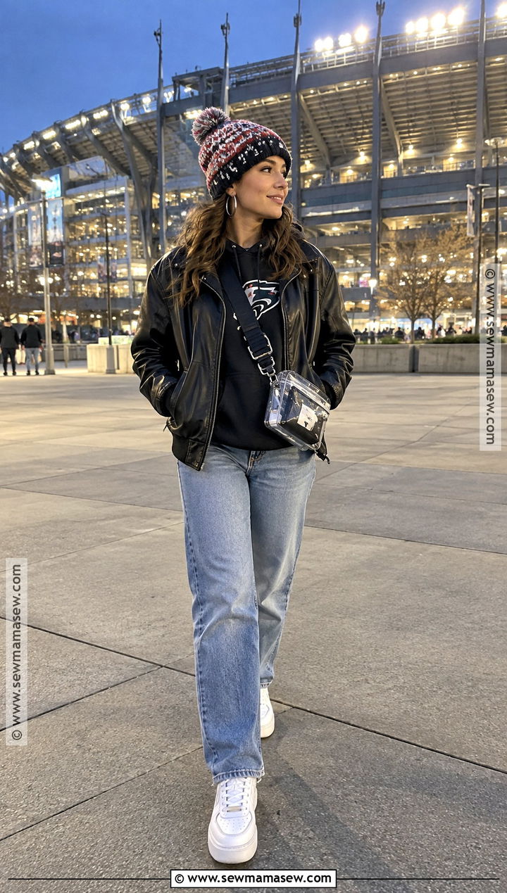 Leather Jacket With Hoodie And Jeans - 20 football game outfit fall ideas