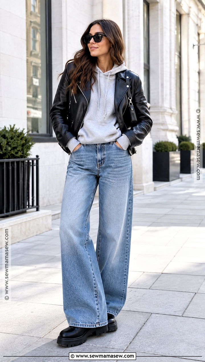 Leather Jacket With Hoodie And Wide Leg Jeans - 25 comfortable fall outfits