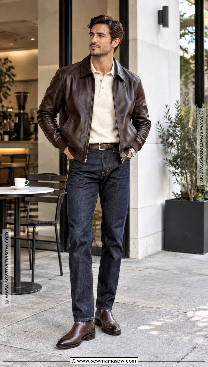 Leather Jacket With Knit Polo And Jeans - 20 fall winter outfits for men