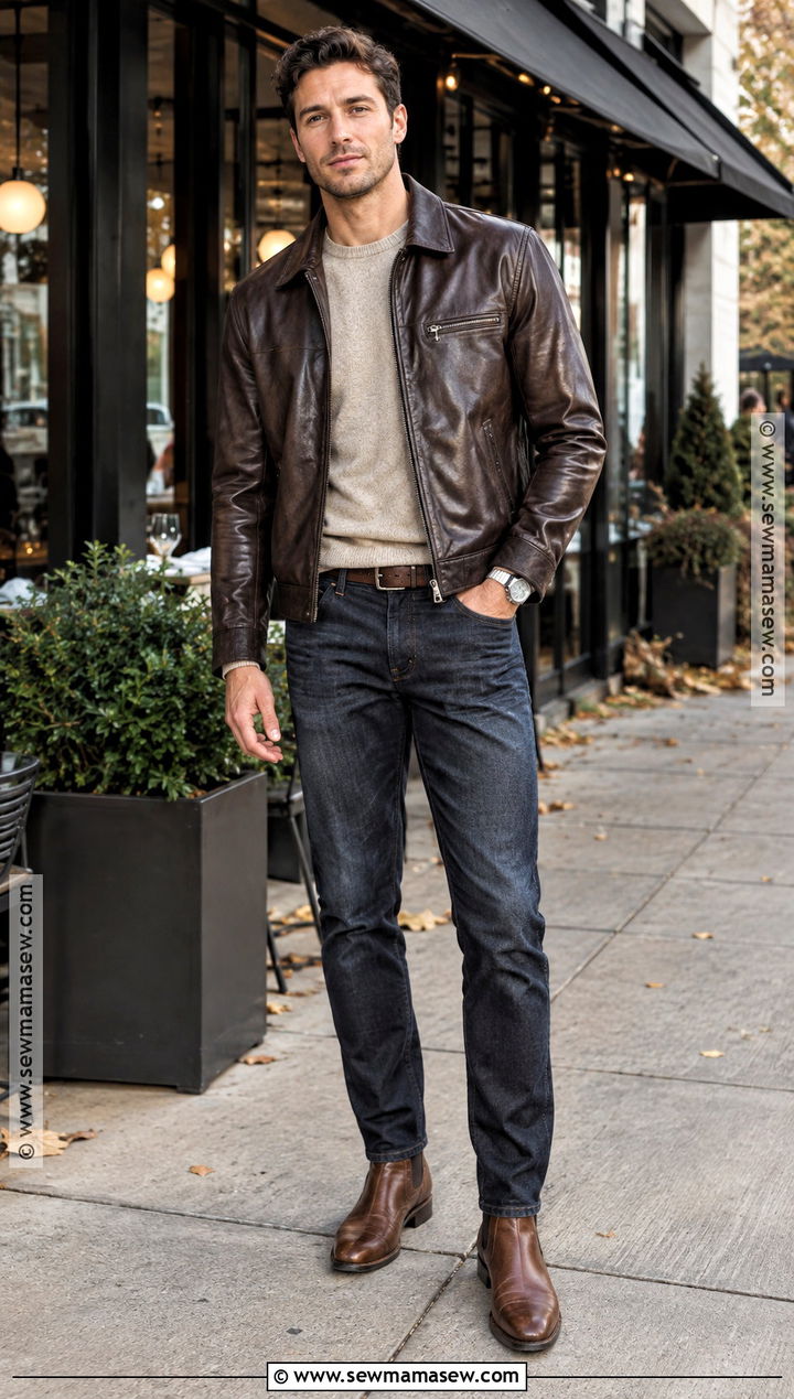 Leather Jacket With Knit Sweater And Dark Denim - 25 fall fits for men