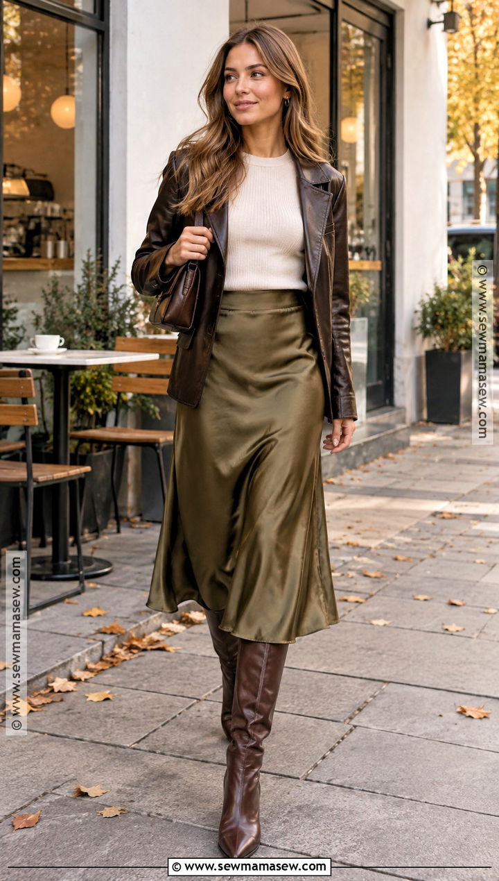 Leather Jacket With Knit Top And Midi Skirt - 25 autumn layering outfit ideas