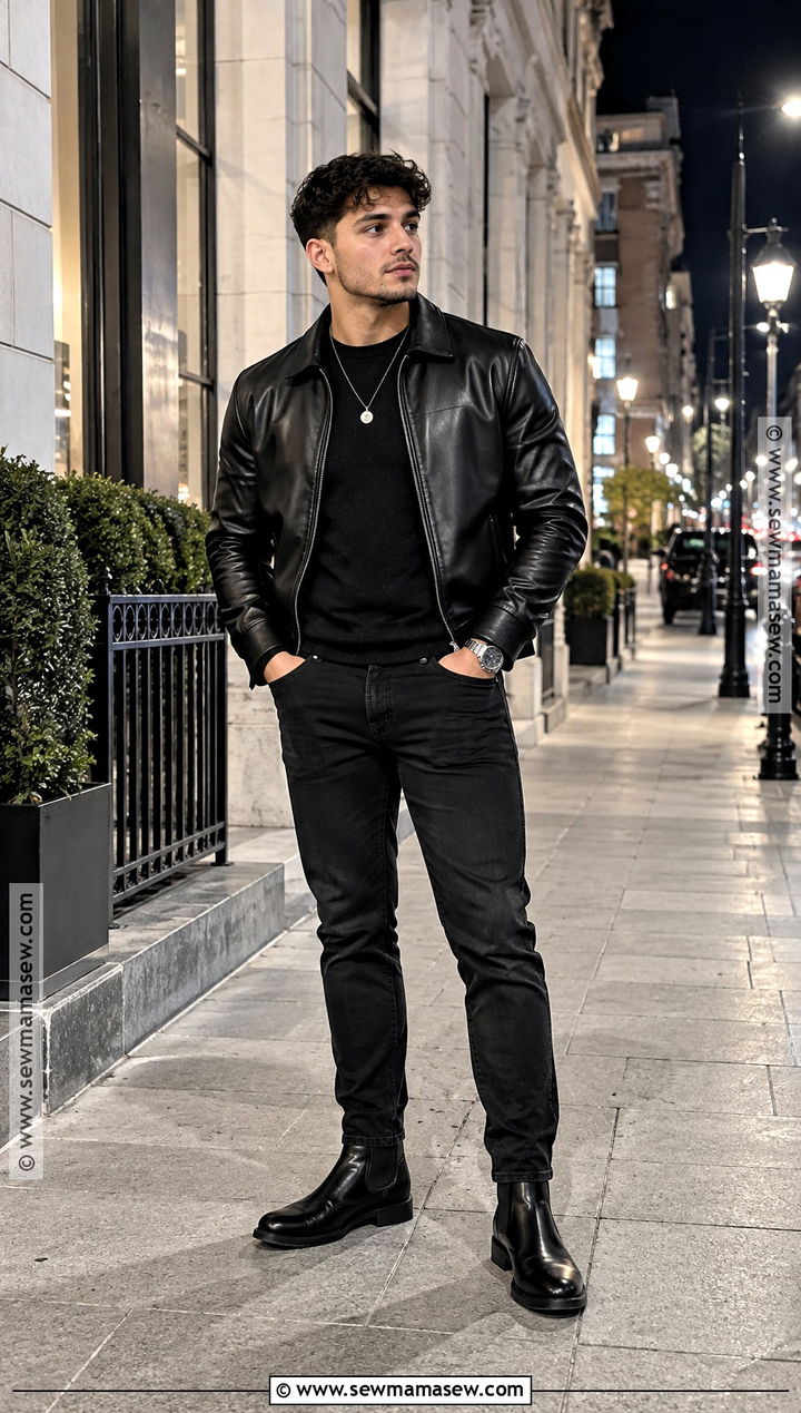 Leather Jacket With Monochrome Black Outfit - 15 fall outfits for short for men