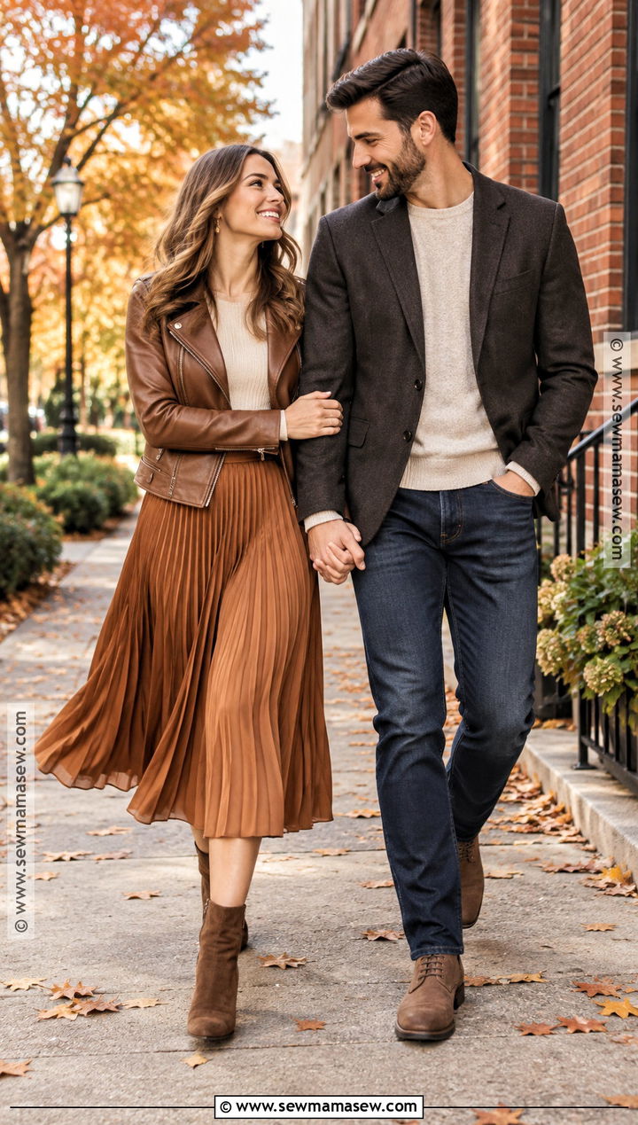 Leather Jacket With Pleated Midi Skirt - 15 engagement photos outfits autumn