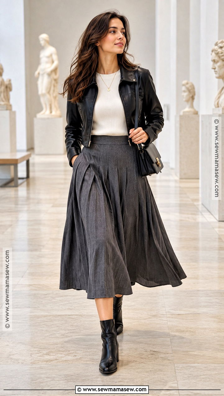 Leather Jacket With Pleated Midi Skirt - 15 chic fall fashion style ideas