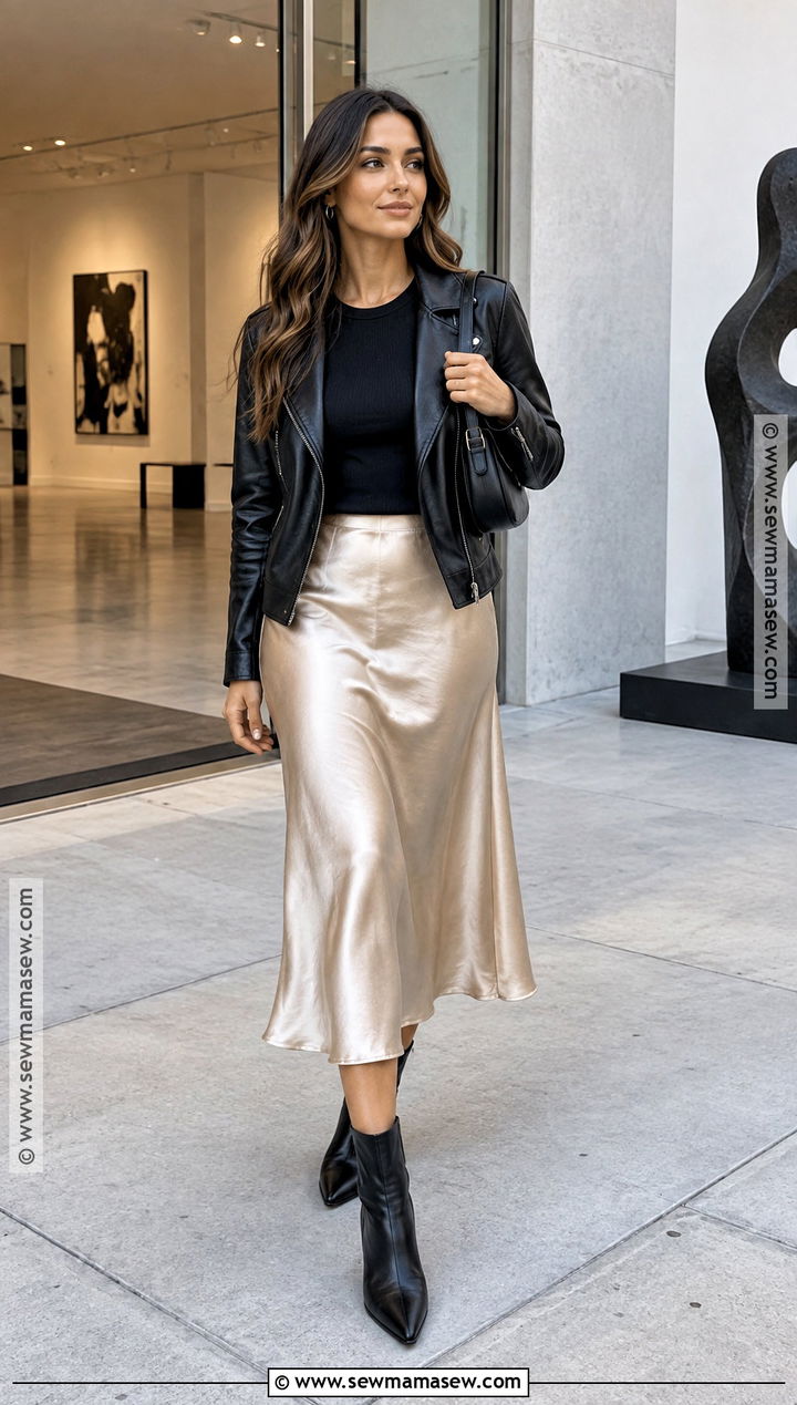 Leather Jacket With Satin Midi Skirt - 25 fall chic outfits