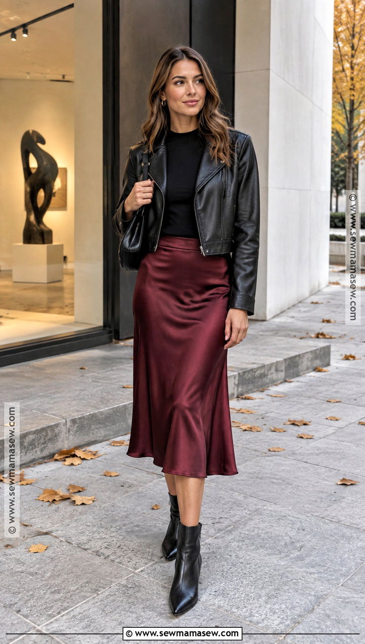 Leather Jacket With Satin Midi Skirt Outfit - 15 fashion over 25 fall ideas 2026