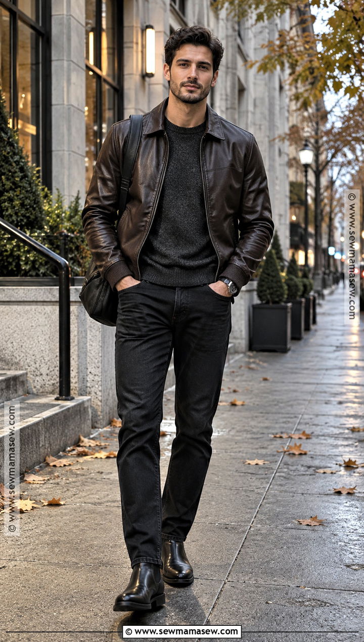Leather Jacket With Sweater And Black Jeans - 20 autumn male outfit ideas