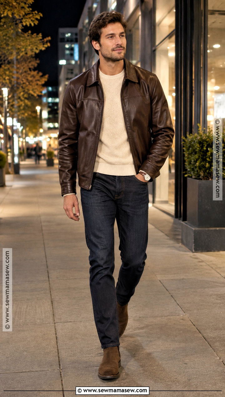 Leather Jacket With Sweater and Dark Jeans - 15 chill fall outfits for men