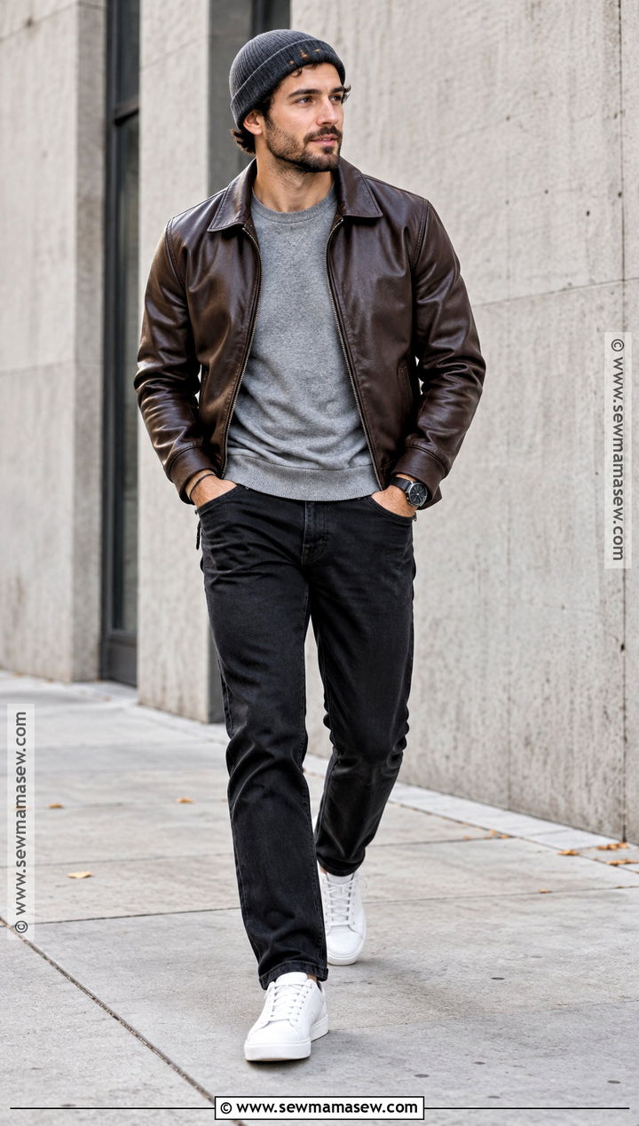 Leather Jacket With Sweatshirt And Black Jeans - 20 Mens Fall Style Ideas