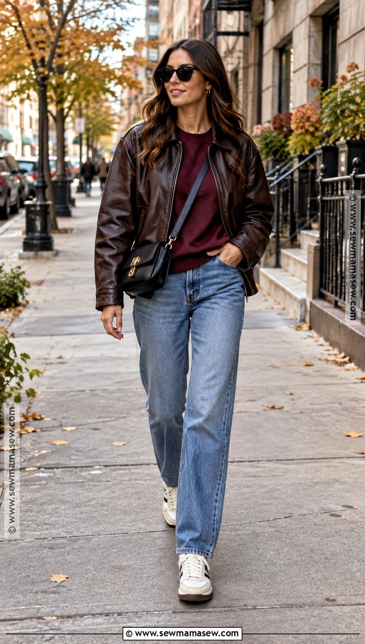 Leather Jacket With Sweatshirt And Relaxed Jeans - 25 comfy autumn outfits