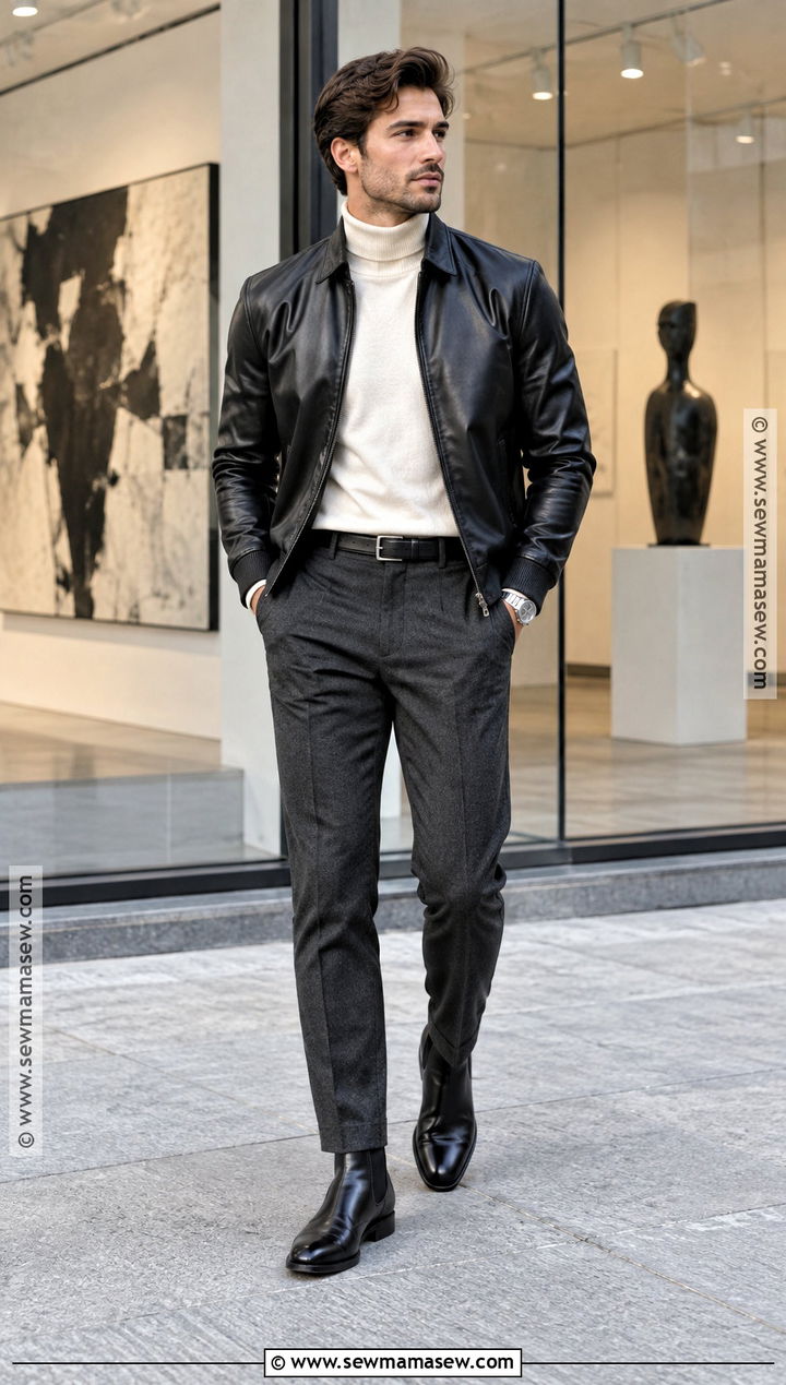 Leather Jacket With Turtleneck And Trousers - 20 mens outfits autumn