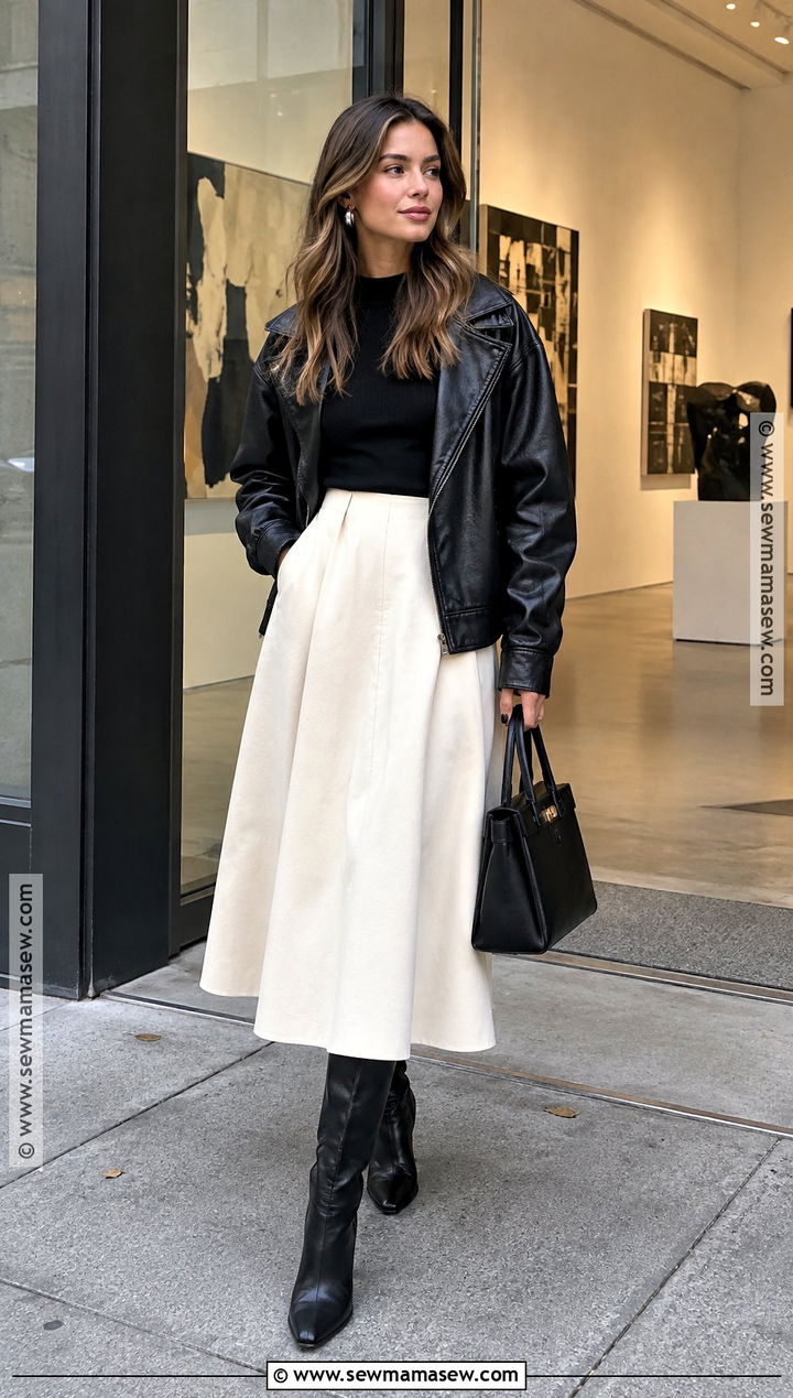 Leather Jacket With White Midi Skirt - 20 fashion inspo outfits fall 2026