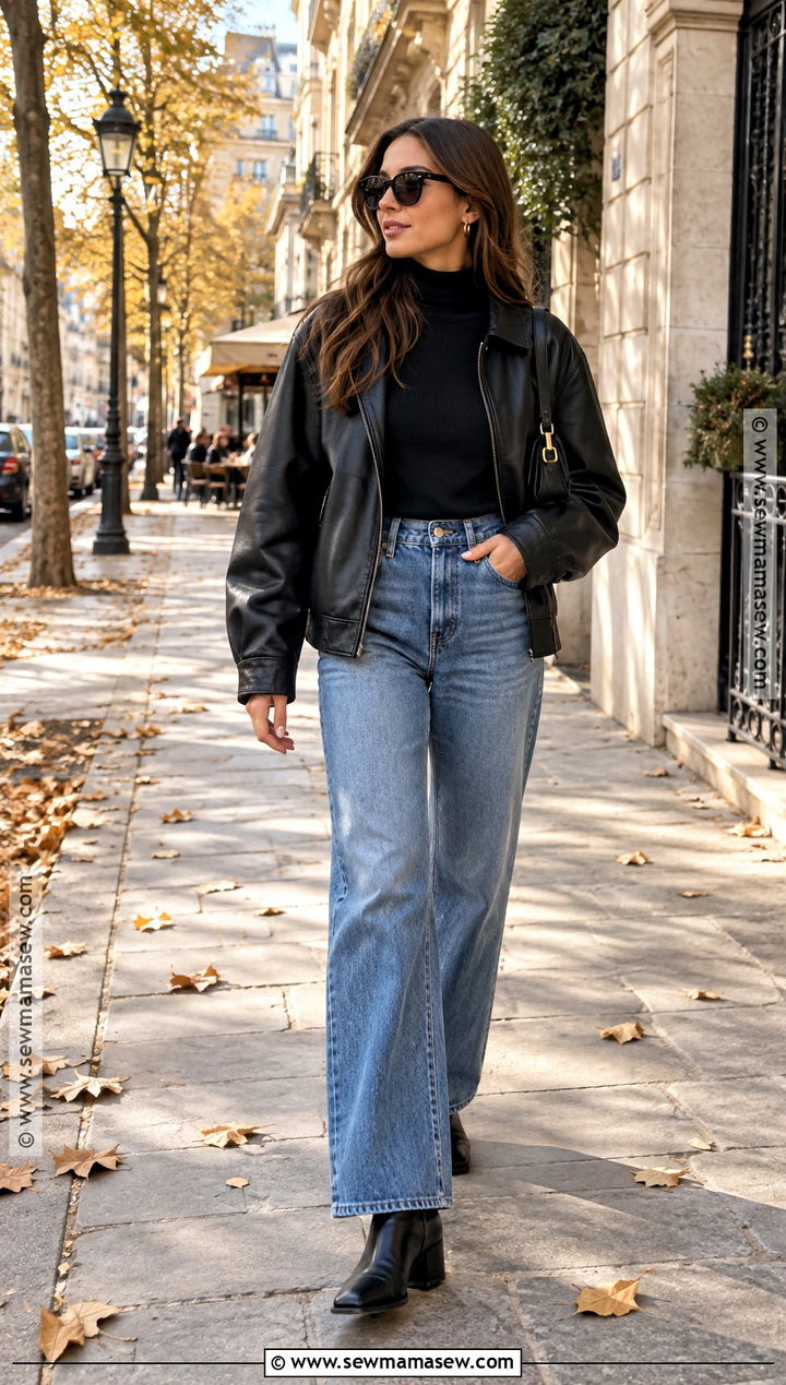 Leather Jacket With Wide Leg Jeans - 20 fall europe outfits travel wardrobe