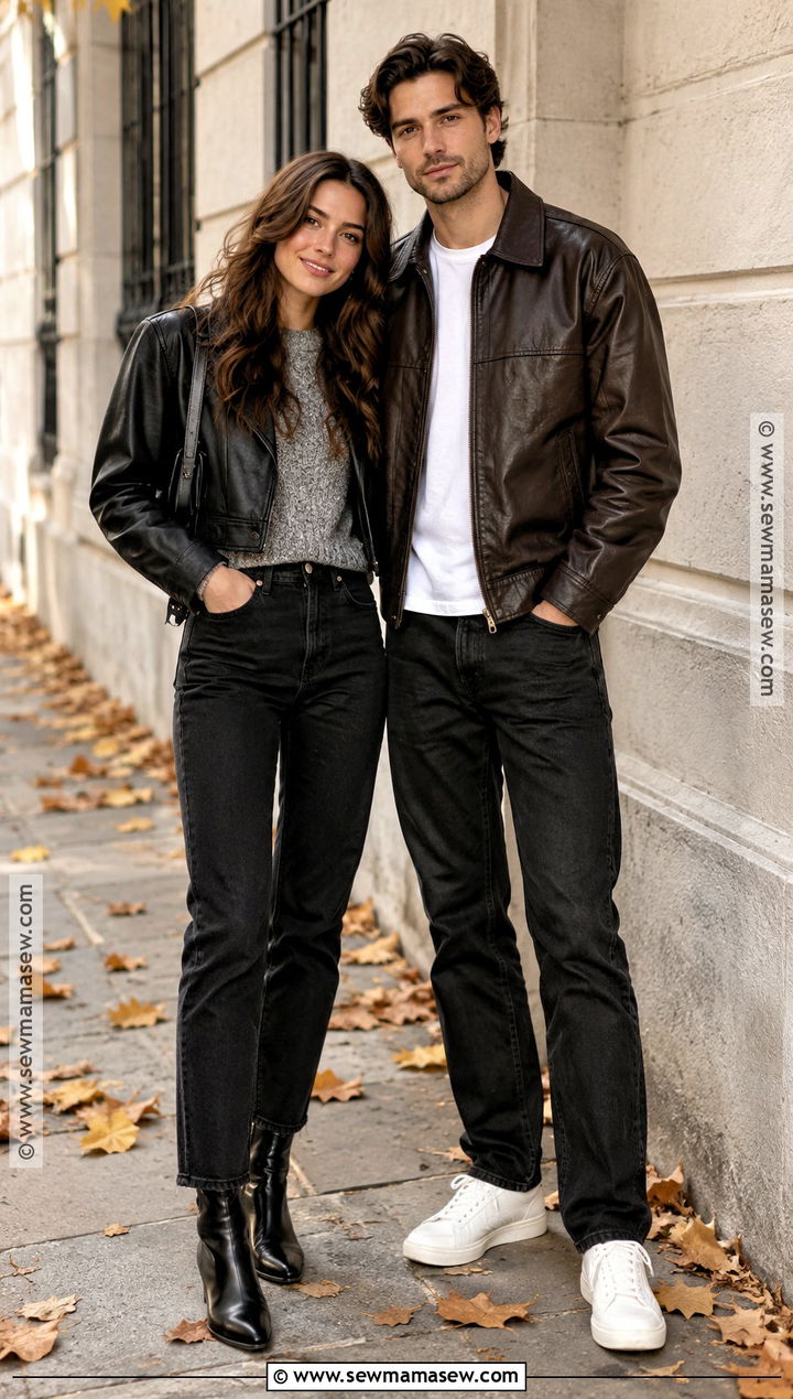 Leather Jacket and Black Jeans Fall Couples Outfit - 20 fall couples outfits