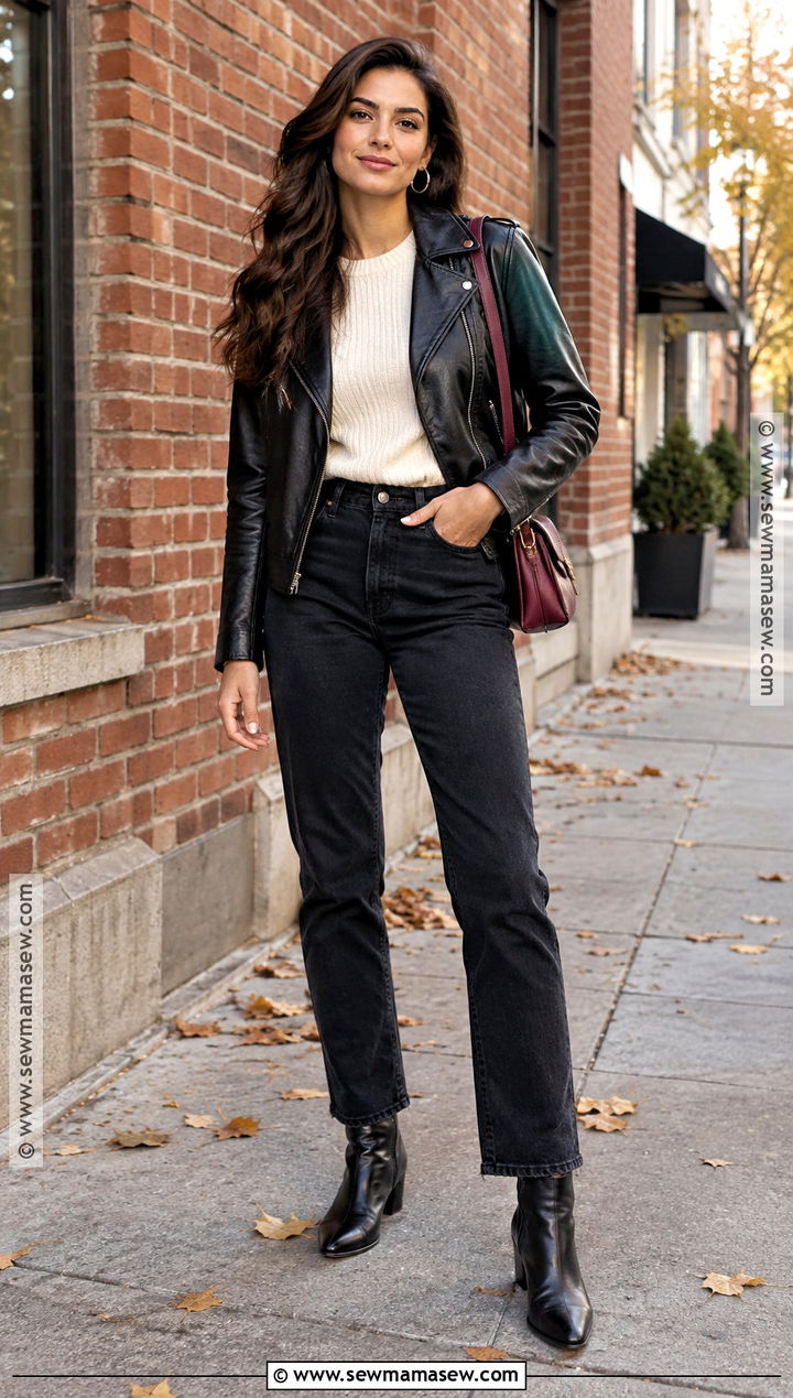 Leather Jacket and Black Jeans Fall Photoshoot - 15 Cute Fall Outfits Photoshoot