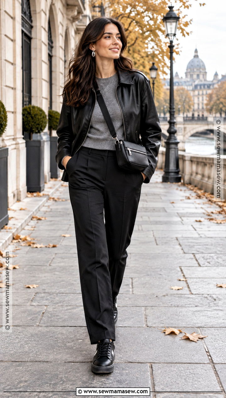 Leather Jacket and Black Trousers for Europe - 15 europe tourist outfit fall ideas
