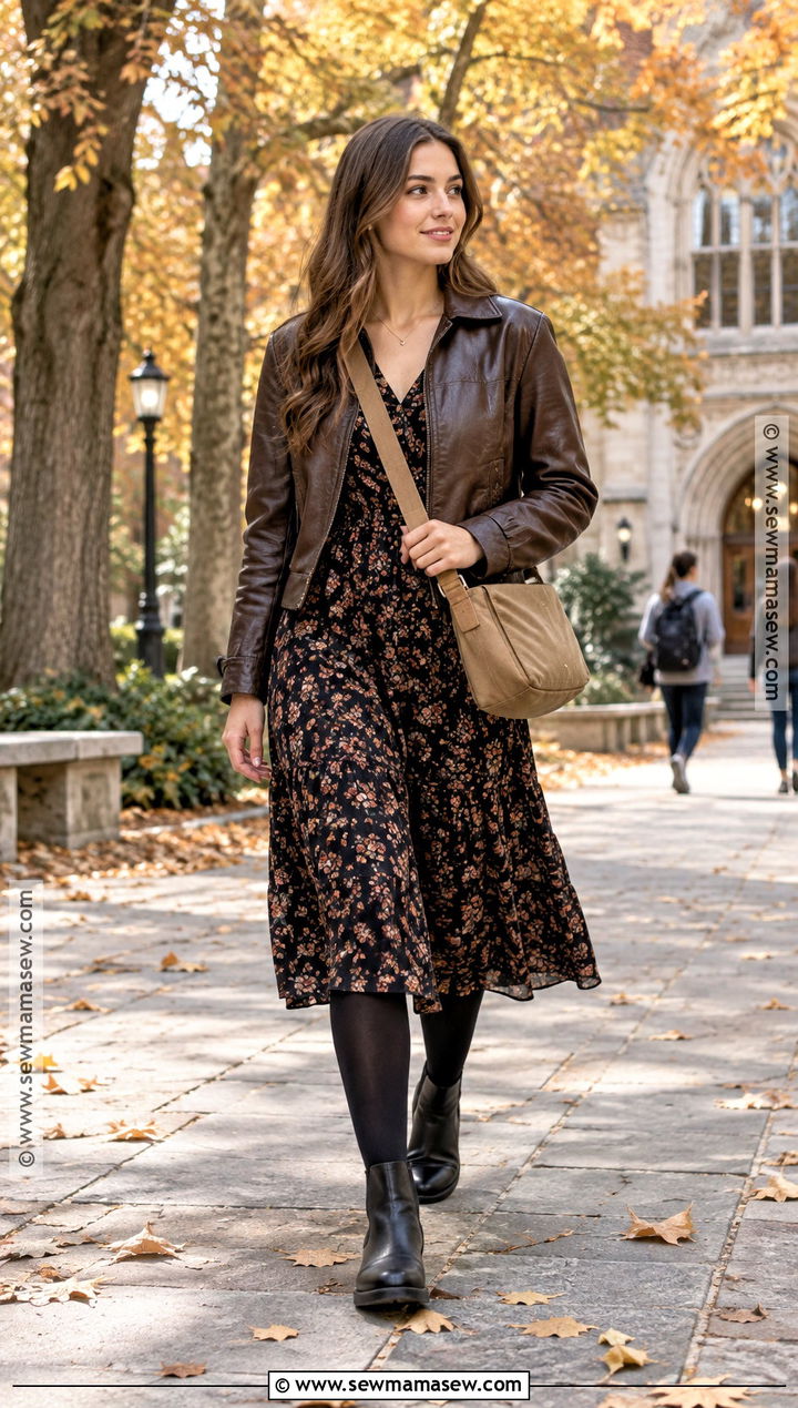 Leather Jacket and Dark Floral Dress University Outfit - 20 university outfit autumn ideas