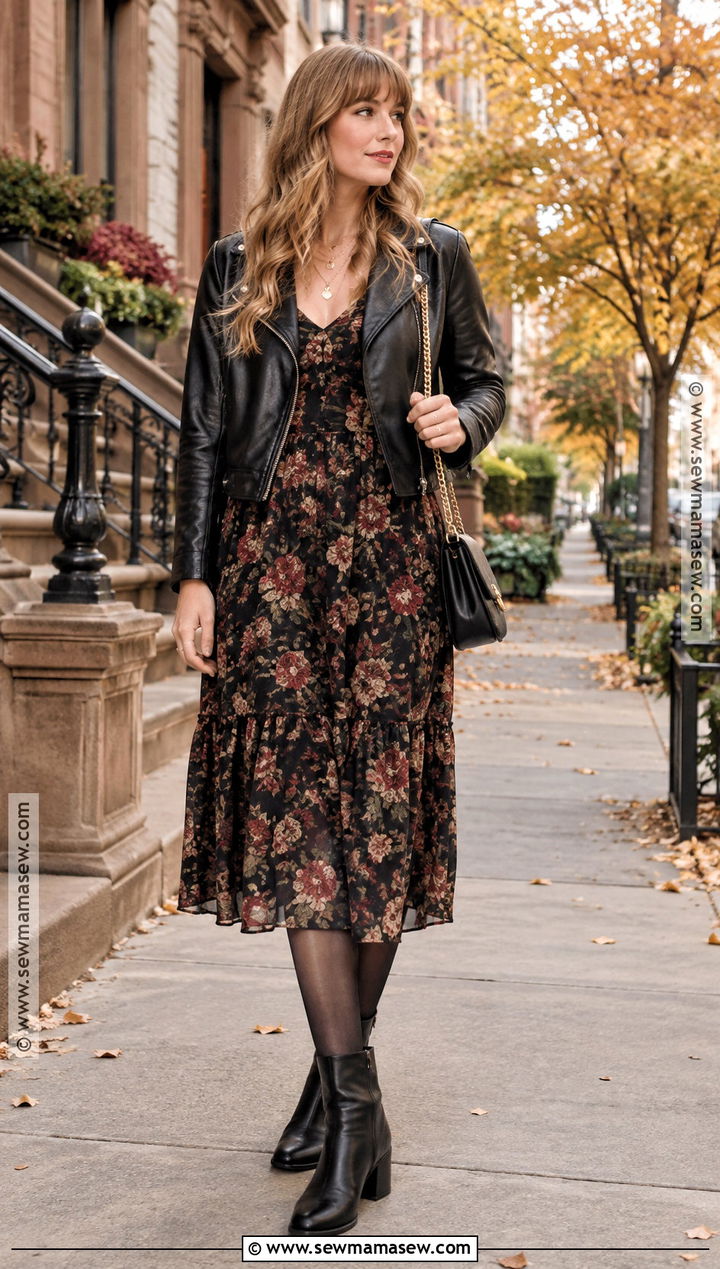 Leather Jacket and Floral Dress - 20 Taylor Swift Fall Outfits