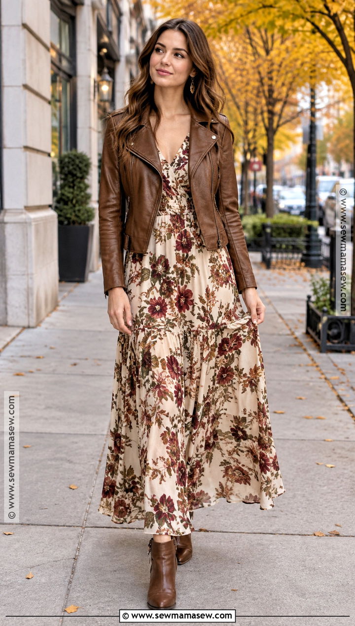 Leather Jacket and Floral Maxi Dress Fall Photoshoot Outfit - 25 Fall Photoshoot Outfits