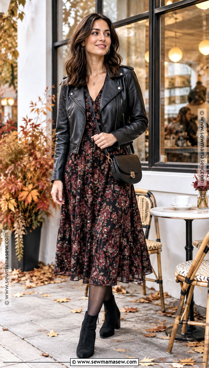 Leather Jacket and Floral Midi Dress Fall Brunch Outfit - 20 Sunday Brunch Outfit Fall Ideas