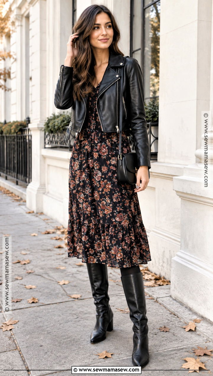 Leather Jacket and Floral Midi Dress Fall Outfit - 15 fall outfit ideas for women 2026
