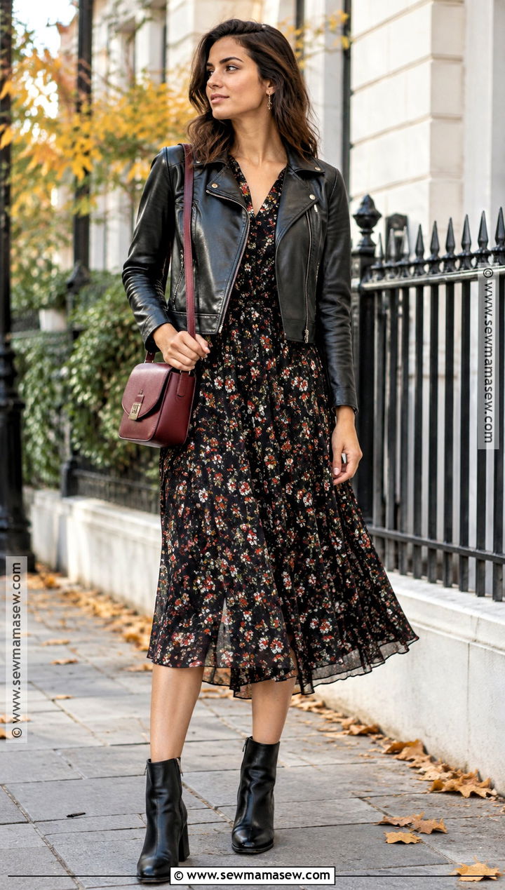 Leather Jacket and Floral Midi Dress Fall Outfit - 25 cute fall clothes